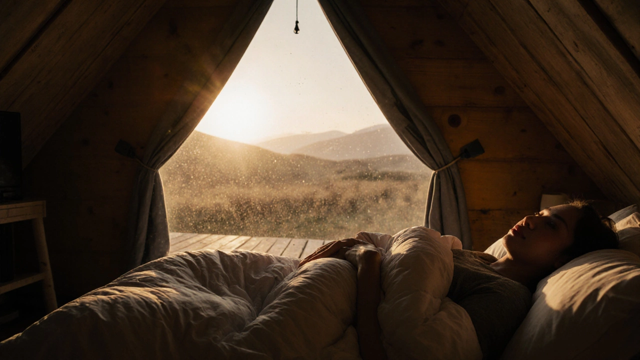 Peaceful morning in a glamping cabin with sun rising over a comfortable bed and insulated walls.