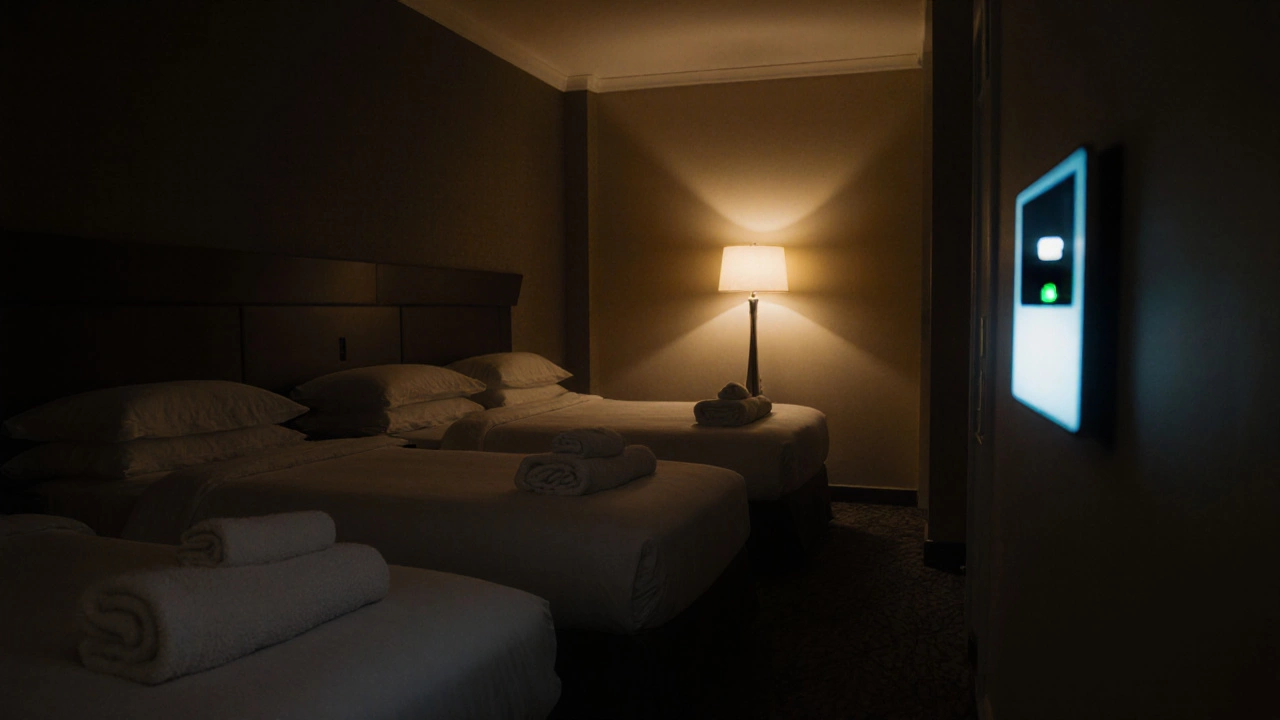 Quiet hotel corridor at night with uniform towel folds and biometric access panel glowing.