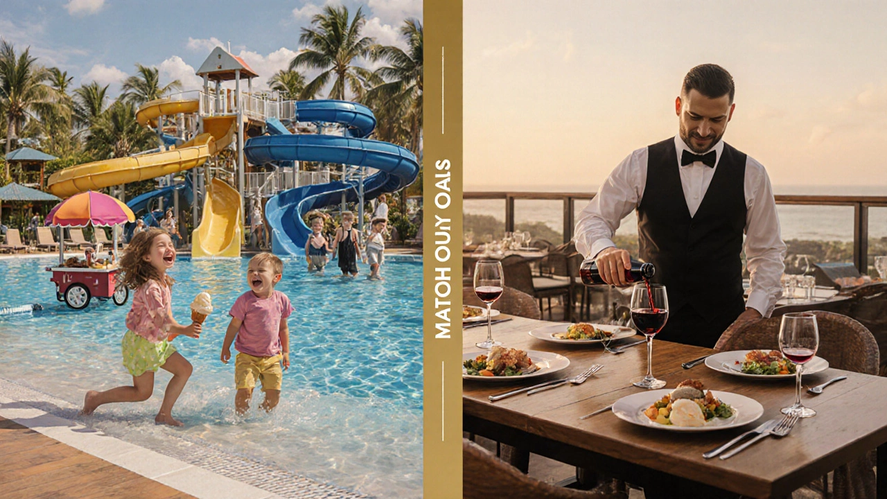 Split scene: family enjoying a kid-friendly pool on one side, adults sipping wine quietly on the other.