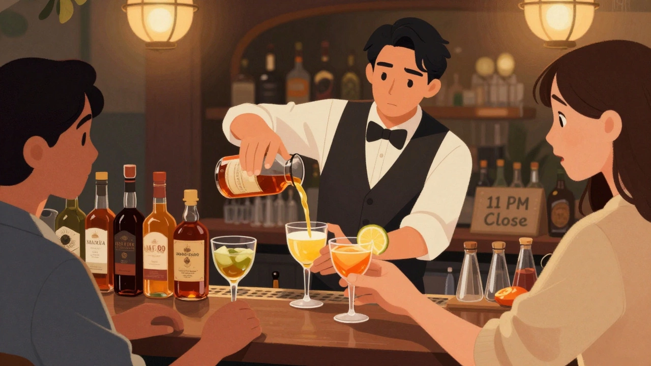 A bartender pauses serving a guest, standard drinks on the counter, warm lighting, calm atmosphere.