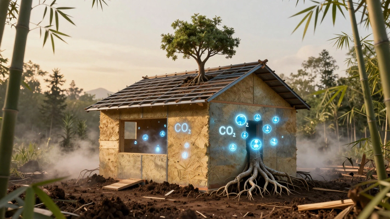 A cottage absorbing CO₂ through hempcrete walls, with a tree growing through its roof.