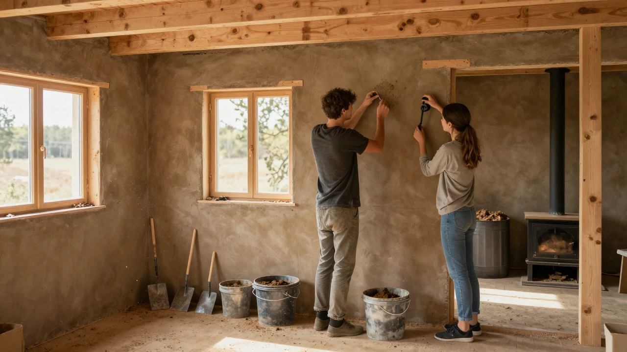 A couple applying clay plaster to interior walls of a minimalist eco-cottage, surrounded by salvaged wood and natural building materials.