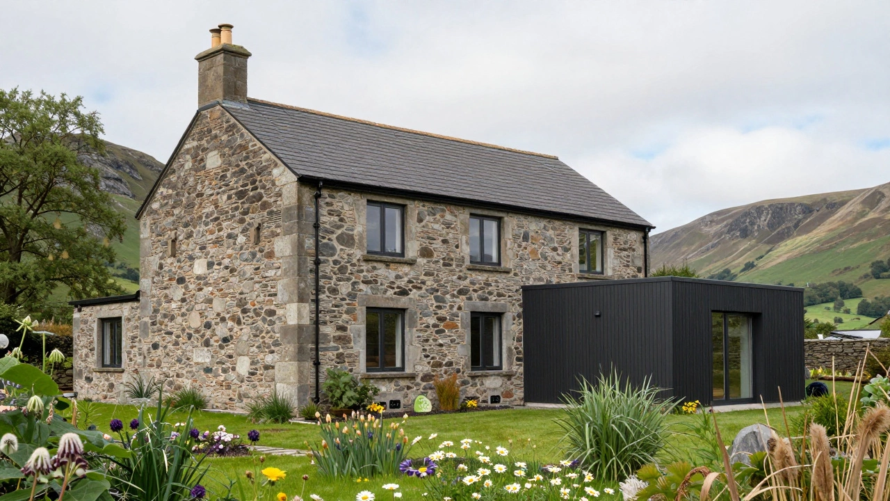 A five-bedroom cottage blending old stone walls with modern additions, set in a wildflower garden among rolling hills.