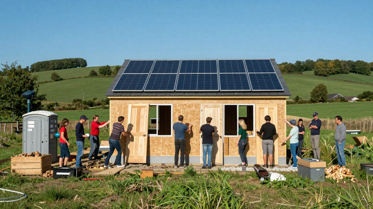A group of volunteers building an off-grid home together at a community barn raising event.