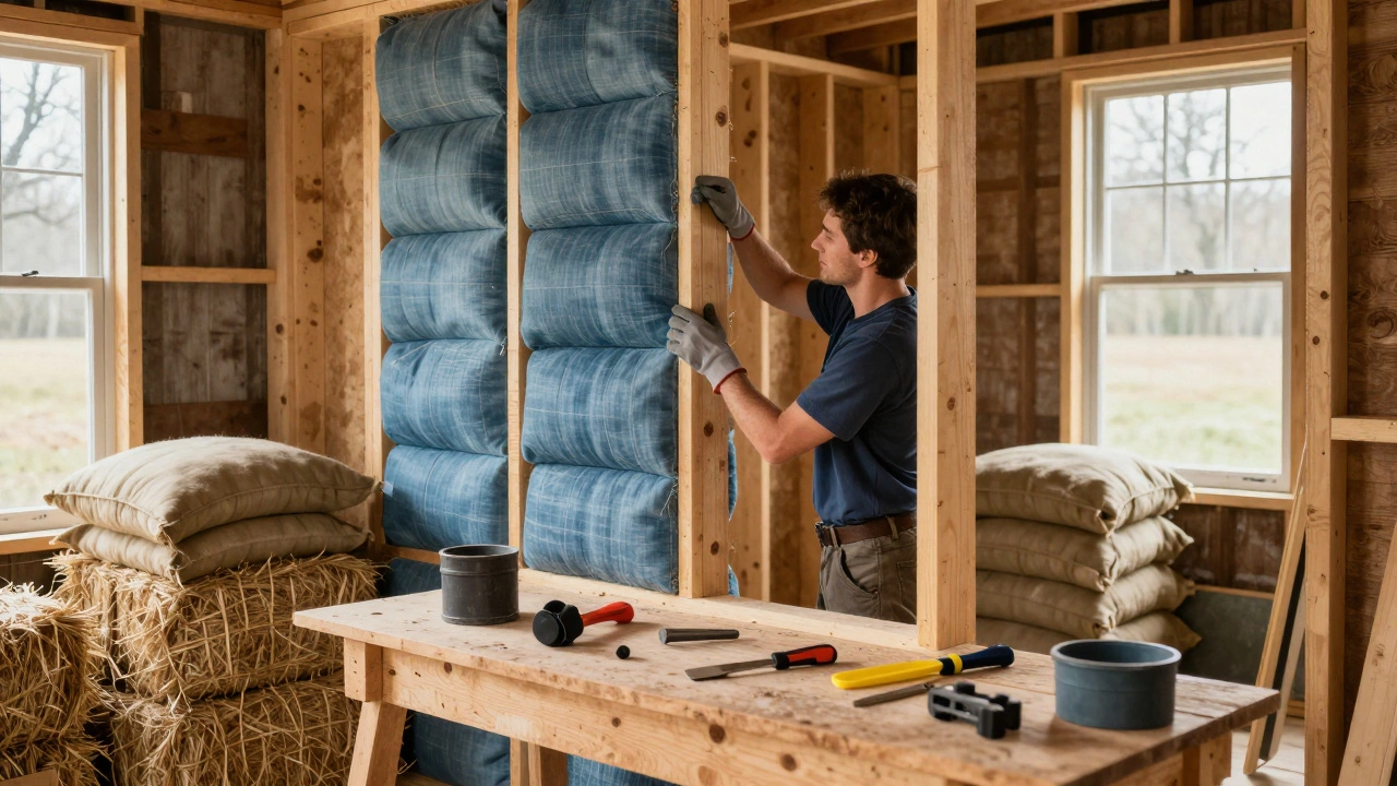 A person installing recycled denim insulation in a DIY home, surrounded by reclaimed wood and straw bales.