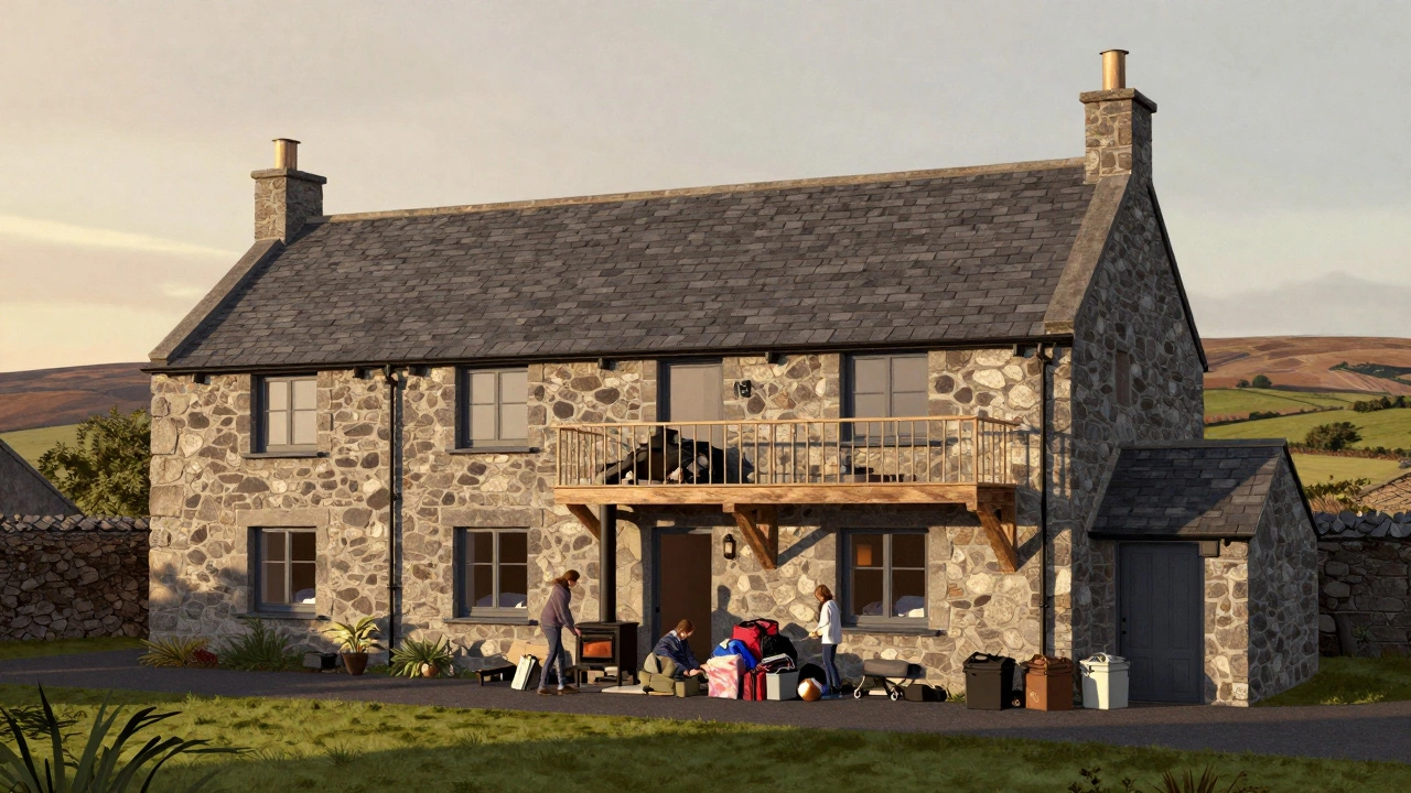 A renovated four-bedroom cottage in Ireland with extensions, retaining traditional features and a family at the entrance.