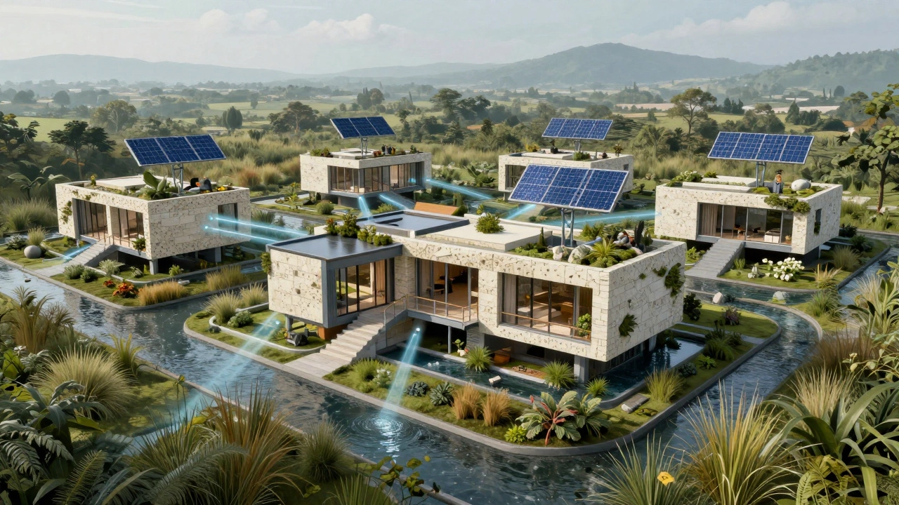 A sustainable luxury home made of mycelium and recycled materials, integrated into nature with solar microgrid.