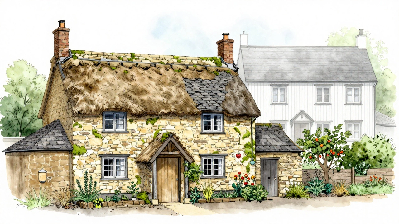 A watercolor illustration showing a cottage’s centuries-old transformation, with traditional materials fading as modern imitations appear nearby.
