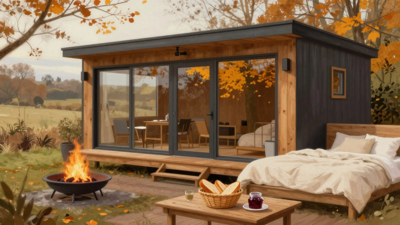 Autumn wooden glamping pod with panoramic windows, fire pit, and breakfast basket on a wooden deck in the UK countryside.