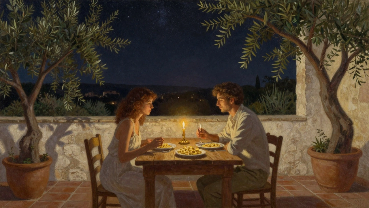 Candlelit dinner under the stars at Borgo Egnazia with olive trees and stone walls.