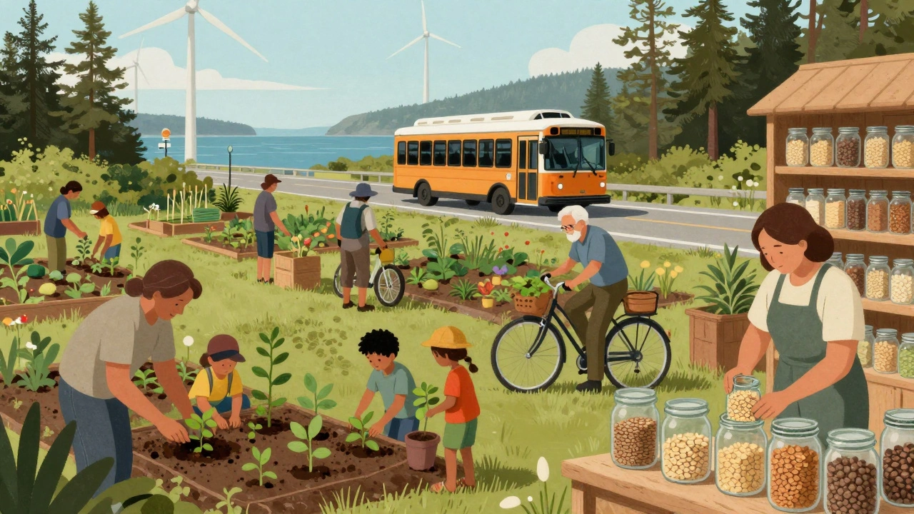 Community members tending a shared garden and using a free electric shuttle on a tree-lined island road.