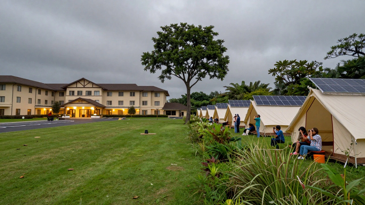 Contrast between a sprawling resort and a compact glamping site, showing environmental impact differences with nature integration.
