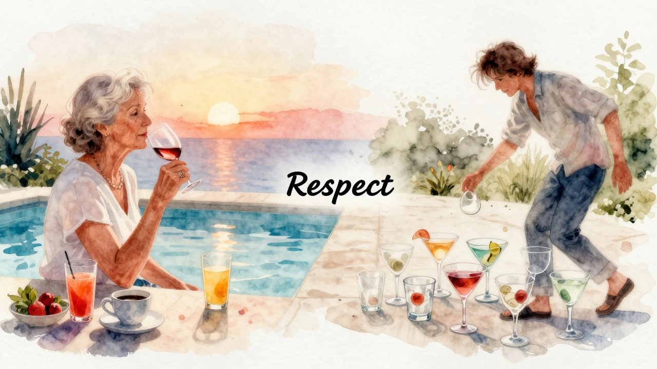 Contrasting scenes: a serene guest with juice and wine vs. chaotic spilled cocktails, symbolizing responsible drinking.