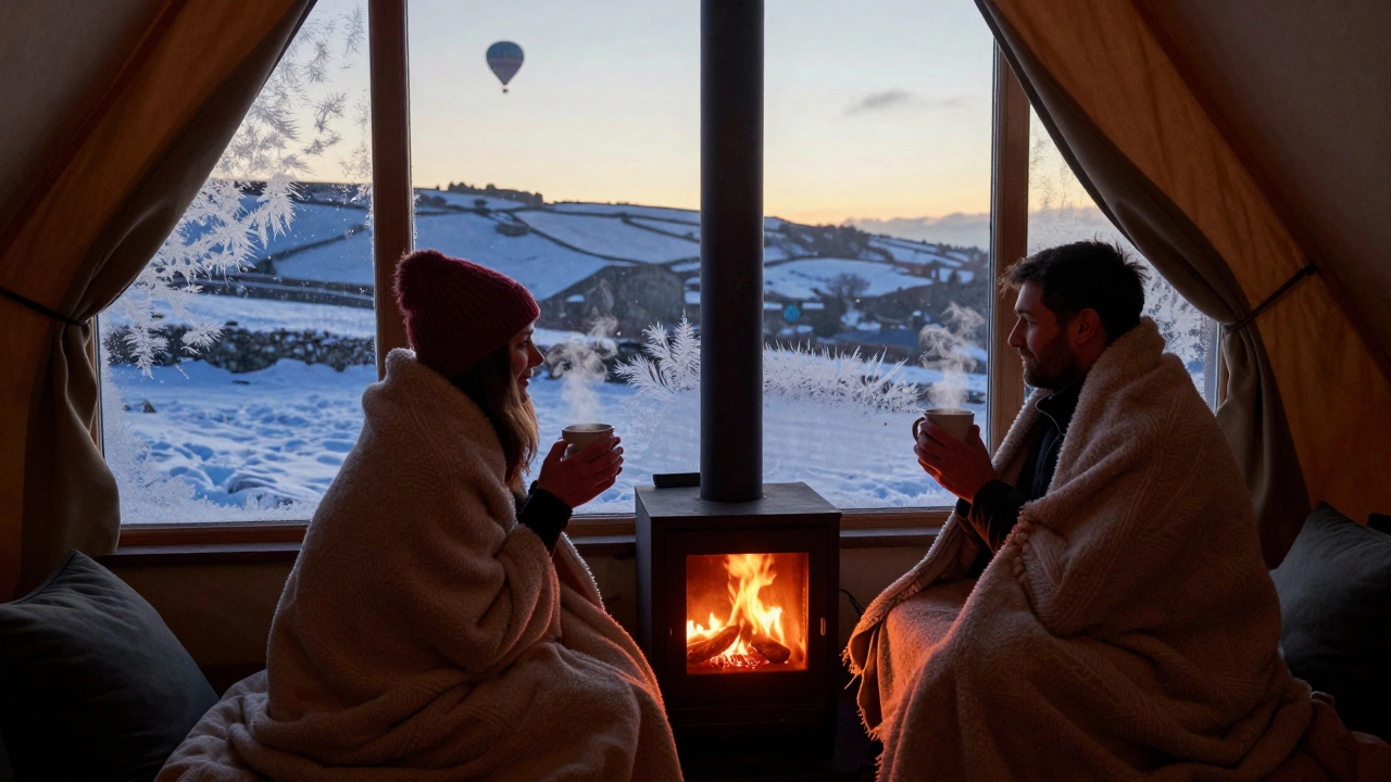Couple cozy in a winter glamping cabin in Cornwall, watching snow-covered hills from a window with a wood stove glowing.