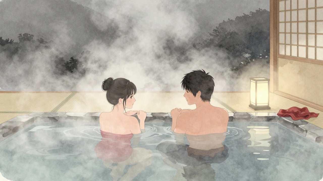 Couple in a steamy private onsen at Gora Kadan, surrounded by quiet serenity.