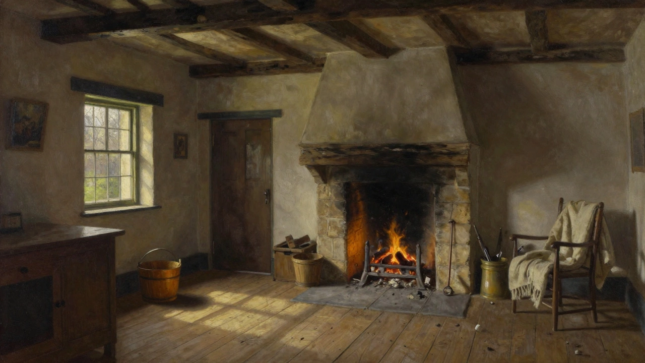 Cozy interior of an old cottage with low beams, uneven floors, and a glowing stone hearth, lit by fading evening light.