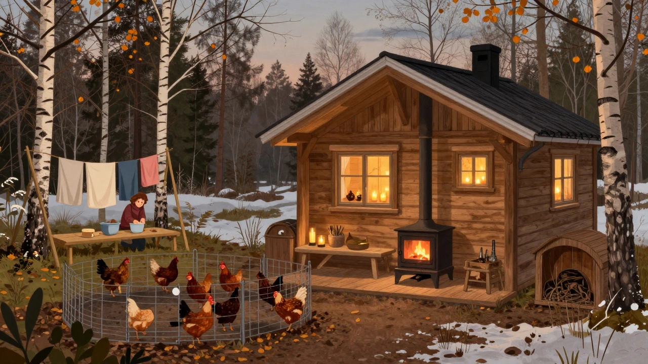 Cozy Swedish eco-cottage with chickens, hand-washed laundry drying on birch lines, and beeswax candles glowing at dusk.