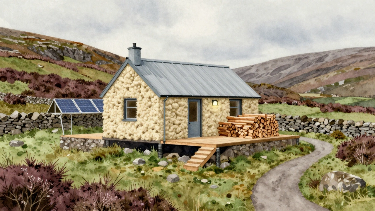 Cross-section view of an off-grid eco-cottage showing insulation, rainwater tank, woodpile, and solar panels integrated into a natural landscape.