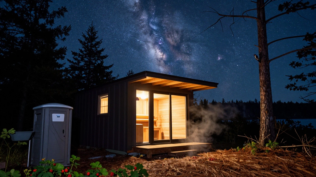Eco-cottage glowing at night under stars, with steam from a wood-fired sauna and a woodpecker tapping nearby.