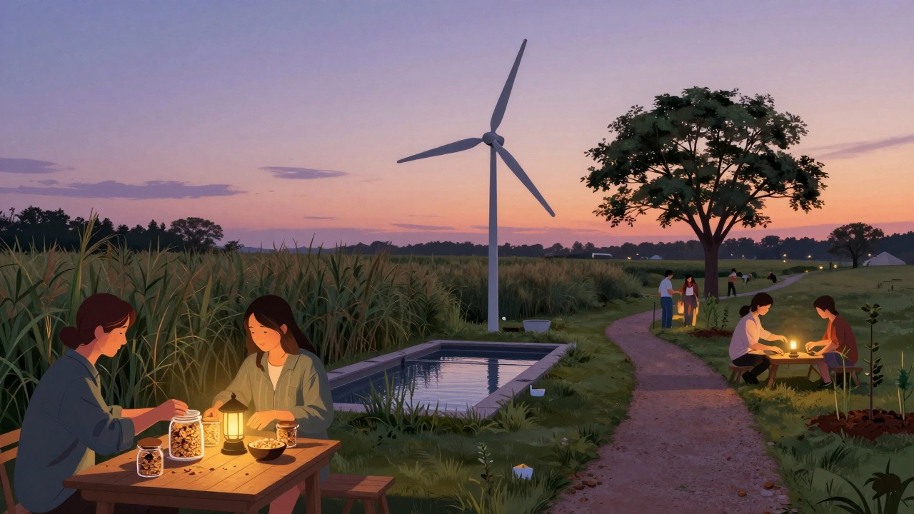 Guests enjoying local food in reusable jars at a glamping site with wind turbines and greywater reed beds under a twilight sky.