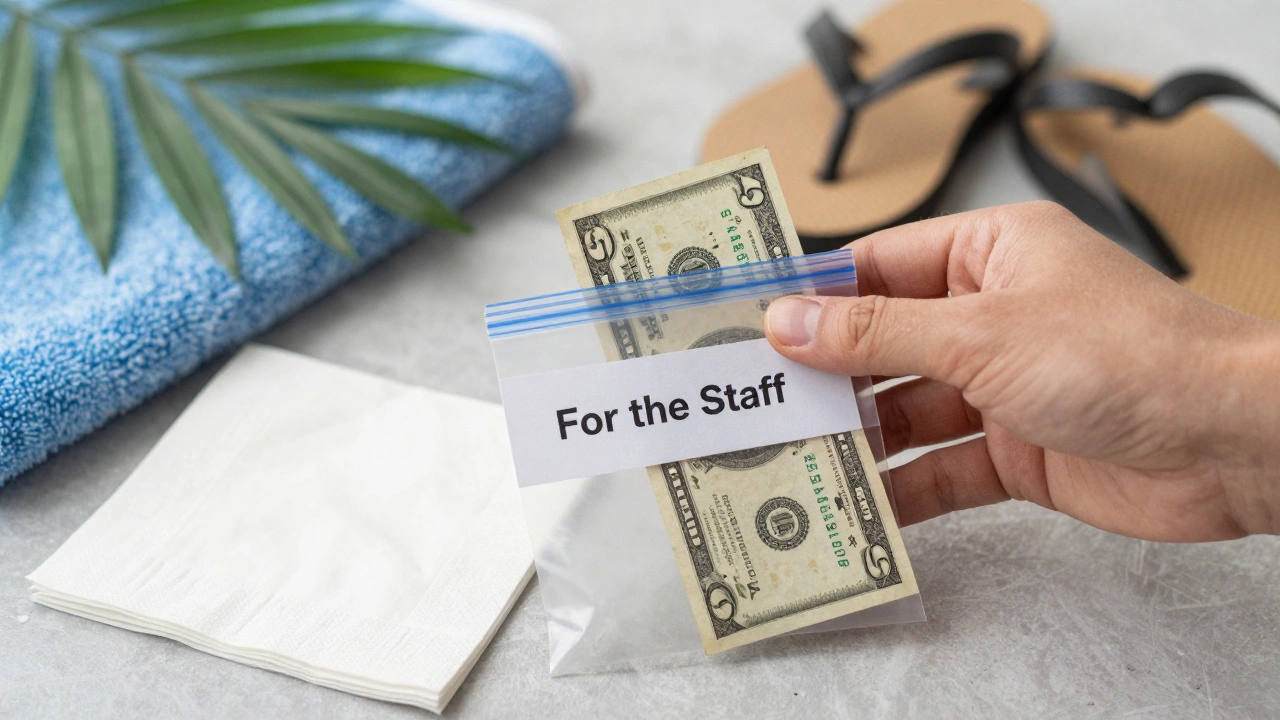 Hand placing cash into a ziplock bag labeled 'For the Staff'.