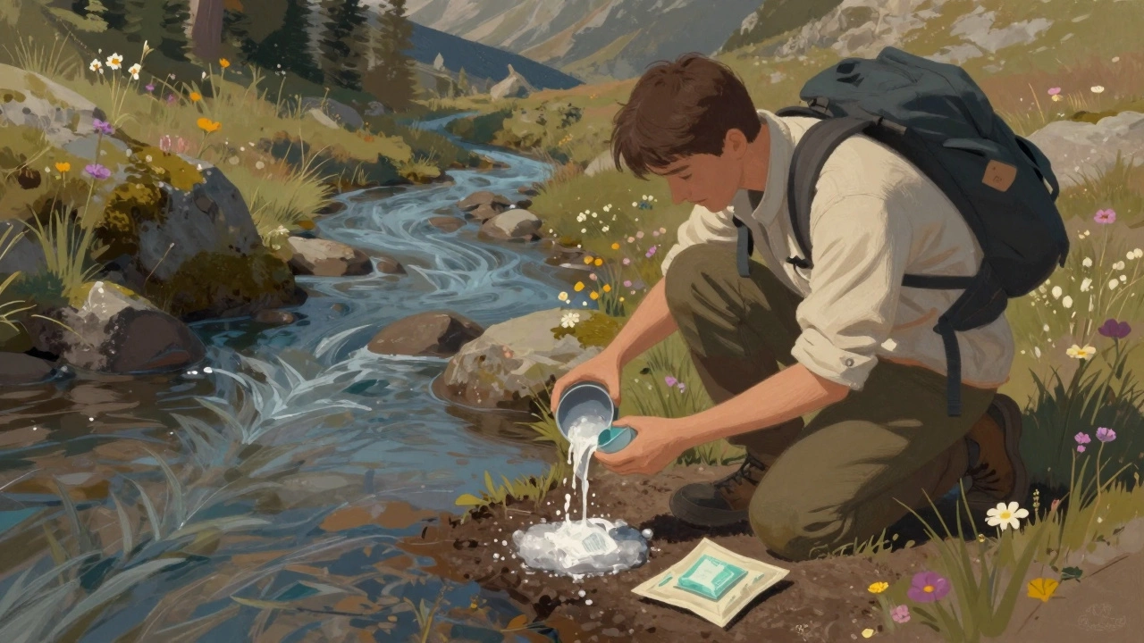 Hiker pouring soapy water away from a stream onto dry soil, respecting water purity.