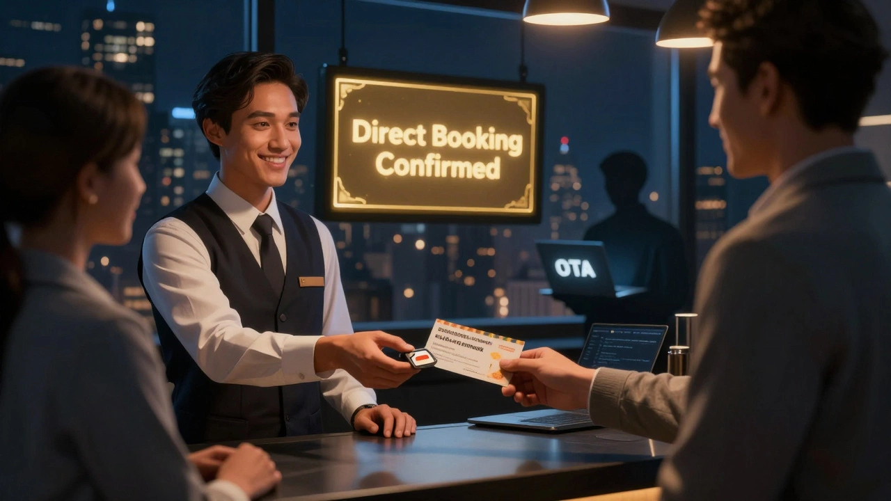 Hotel staff member giving guest keycard and breakfast voucher at night front desk