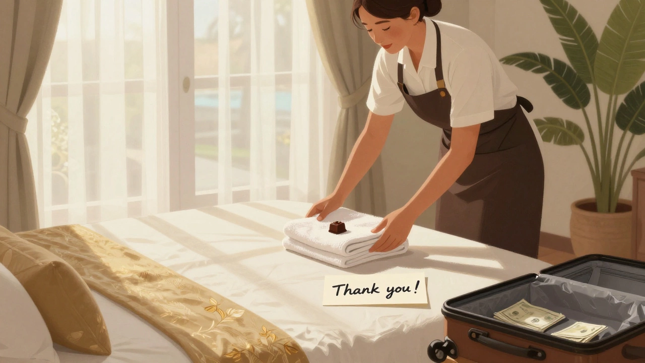 Housekeeper leaving a chocolate and note on a neatly made resort bed.