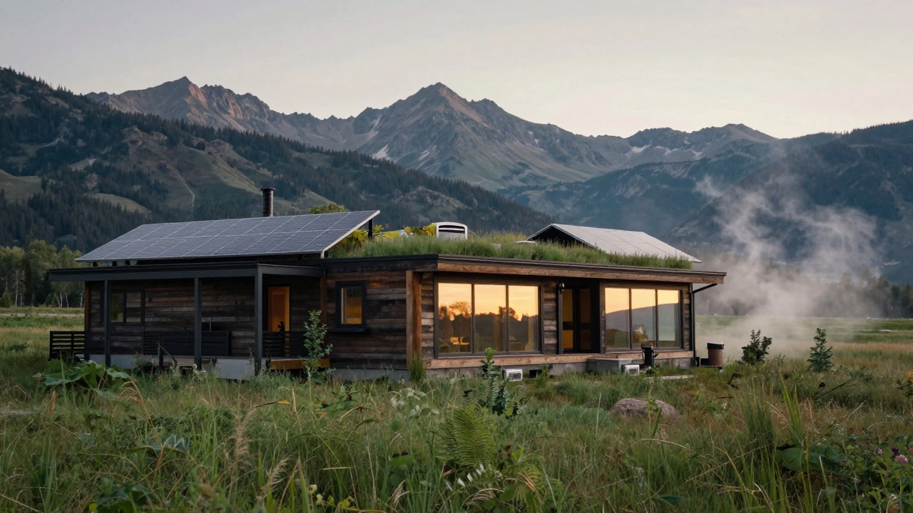 James Sinegal’s eco-mansion in Montana with green roof, solar panels, and reclaimed wood, bathed in dawn light.