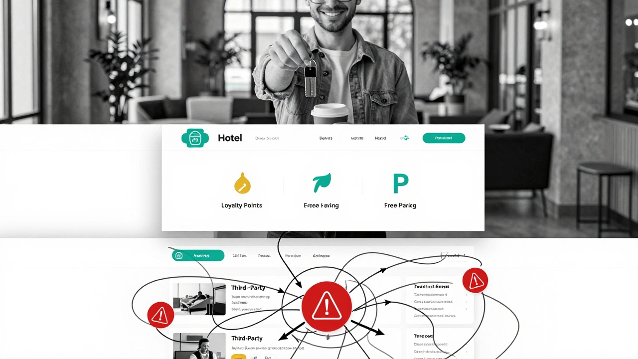 Minimalist layered image showing chaotic online booking sites vs clean direct booking with perks