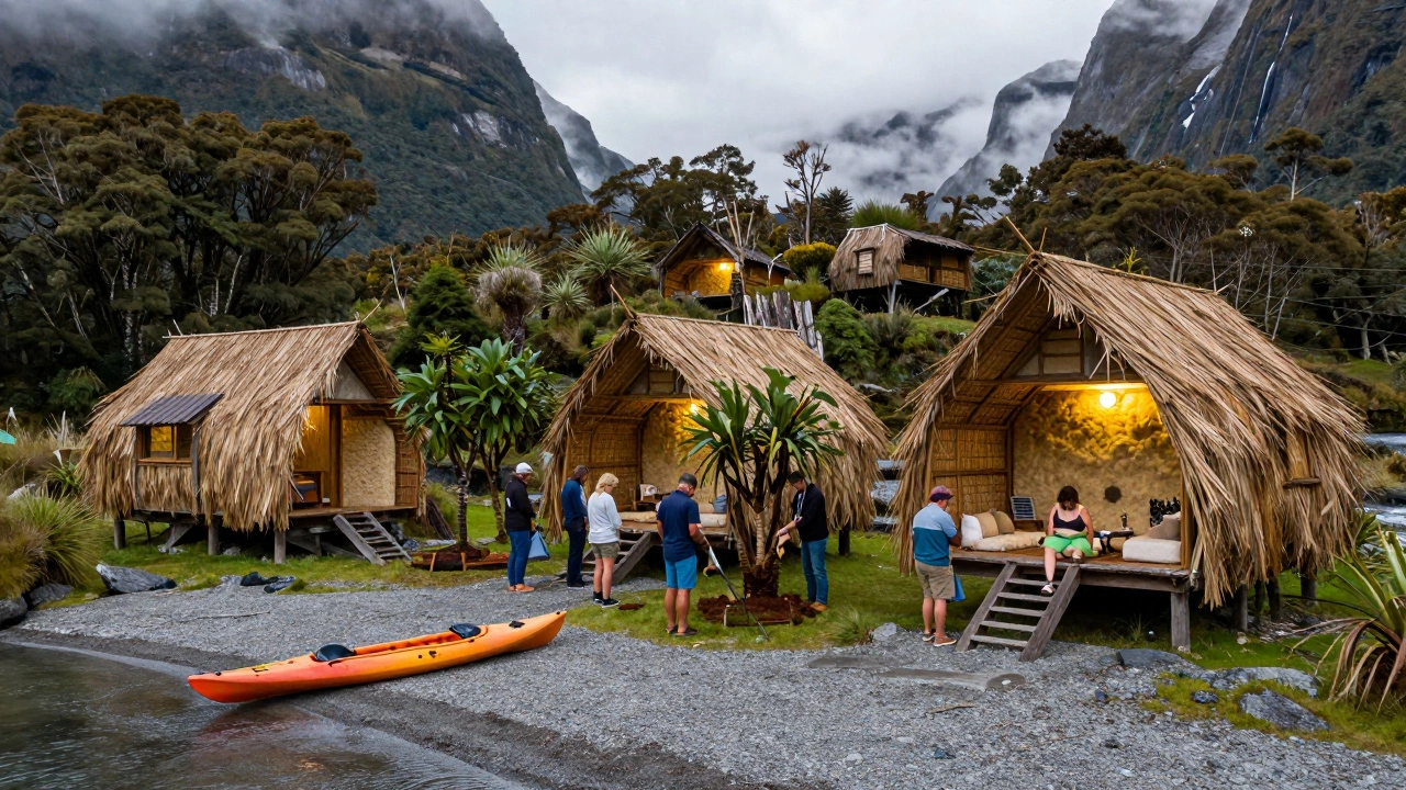 New Zealand forest retreat with flax-woven cottages, guests planting trees beside a stream, misty mountains in the background.
