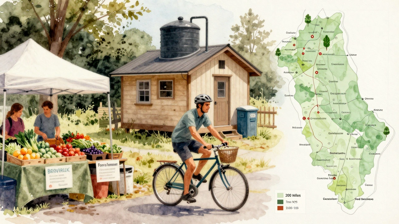 Oregon cyclist passing farmers market with tiny home and rainwater barrel.