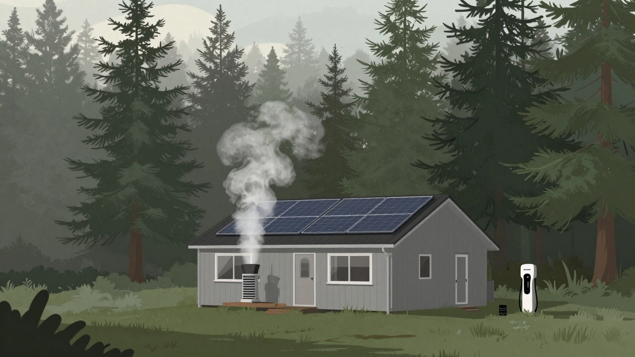 Quiet Washington cabin with geothermal vent and solar panels in misty forest.