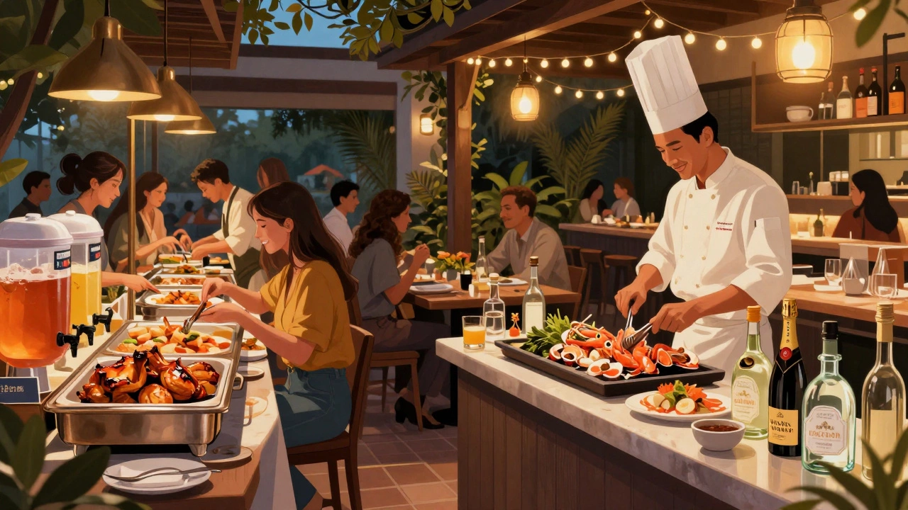 Side-by-side dining scenes: cheap buffet vs. gourmet restaurant with premium alcohol and fresh seafood.