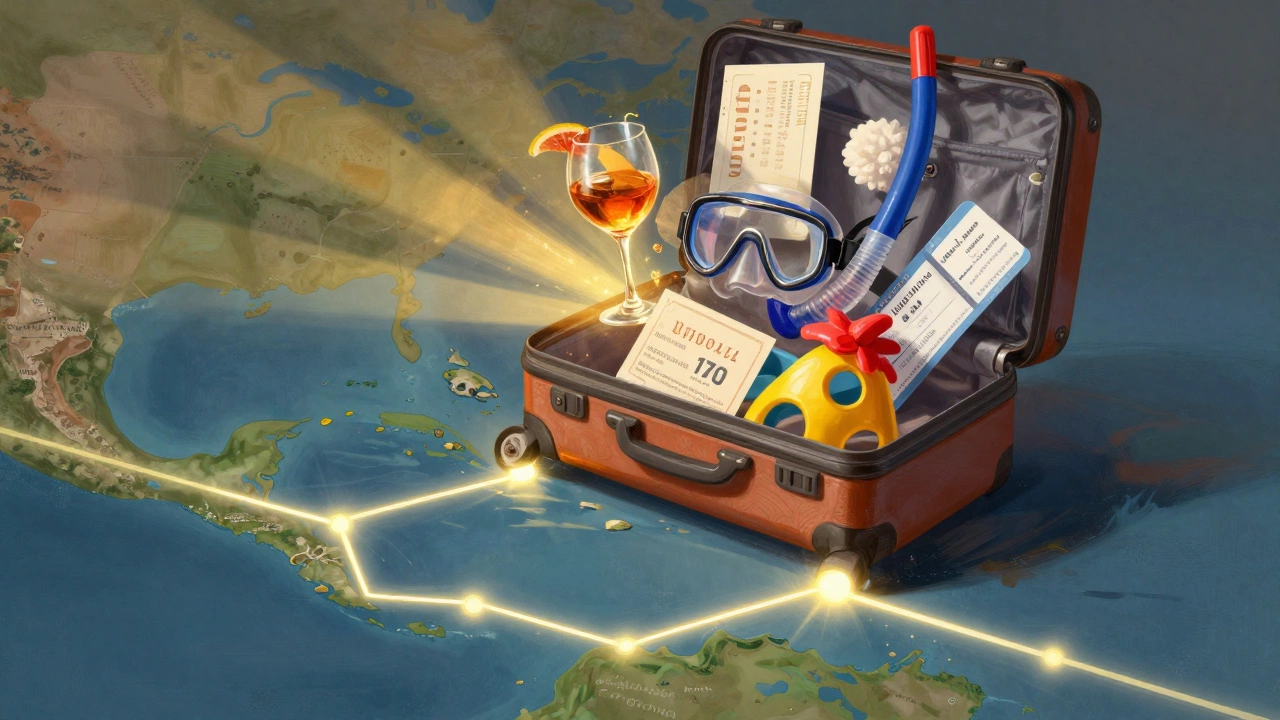 Suitcase bursting with symbols of all-inclusive perks like drinks, spa, and snorkeling over a Caribbean map.