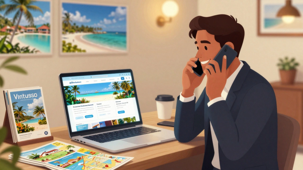 Travel agent in a cozy office helping a client with exclusive all-inclusive resort deals on screen.