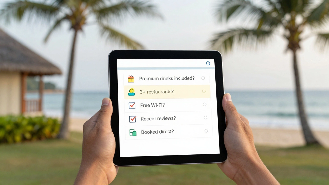 Traveler reviewing resort checklist on tablet, serene beachfront bungalow behind them in morning light.