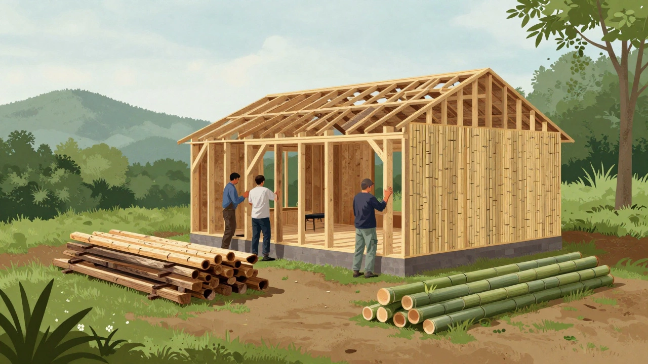 Workers assembling a cottage using reclaimed wood and bamboo in a green countryside setting.