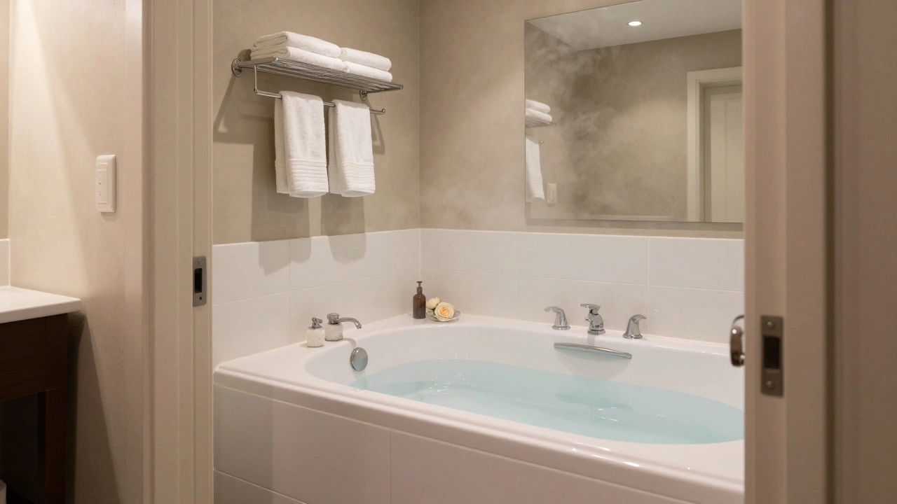 A bathroom with a built-in whirlpool tub, steaming and set with bath salts and a rose.