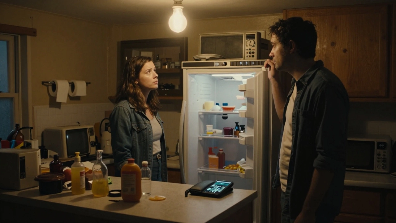 A couple looks dismayed in a poorly equipped cottage kitchen with a broken fridge and no toilet paper.