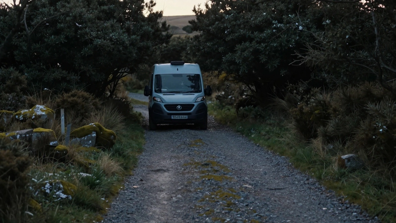 A parked van blending into Dartmoor’s hawthorn trees at dawn, no lights or signs visible.