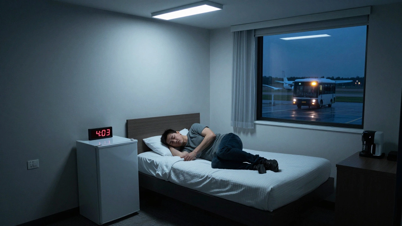 A tired traveler in a small airport hotel room at night, with a shuttle bus light visible through the window.