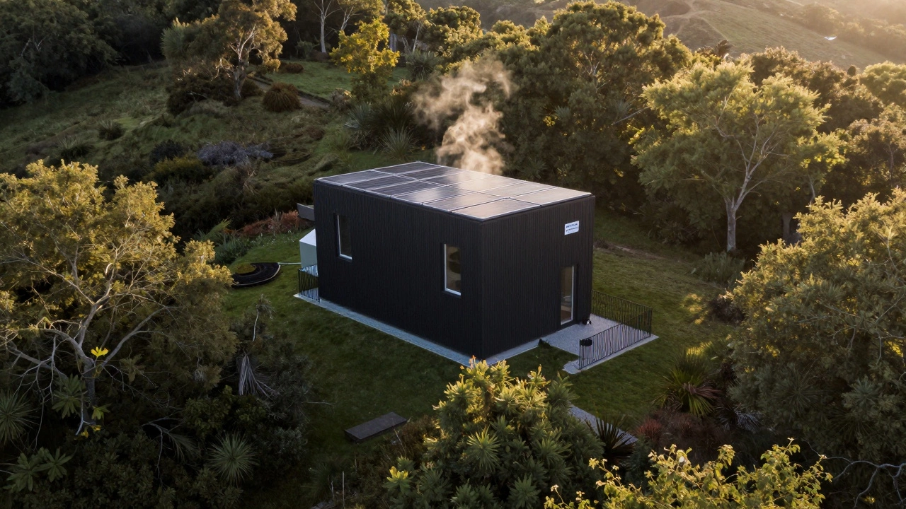 Aerial view of a small passive house on a hillside with no solar panels, surrounded by trees at dawn.