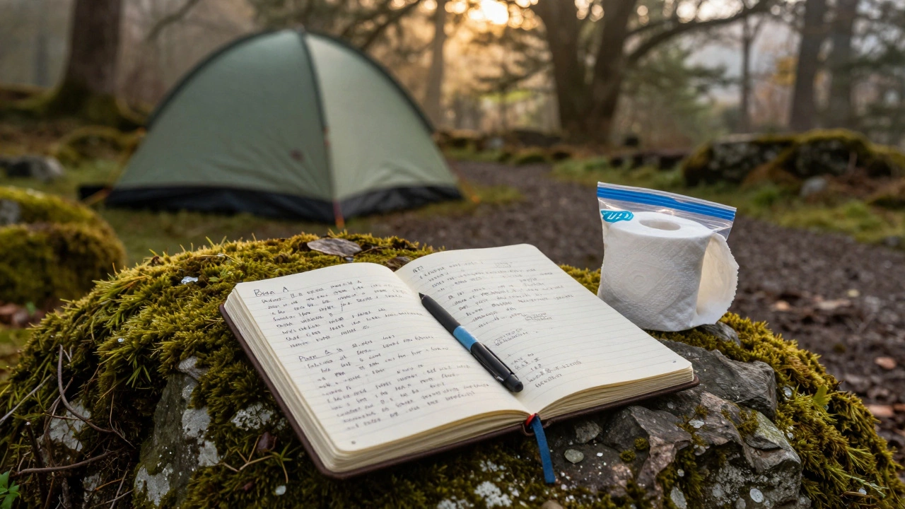 An open notebook with handwritten notes on a mossy rock beside a quiet forest path.