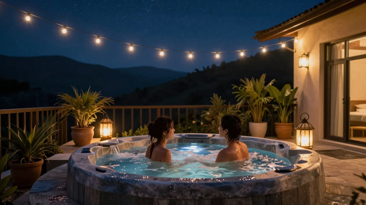 An outdoor hot tub on a private patio under string lights, with two people relaxing at night.