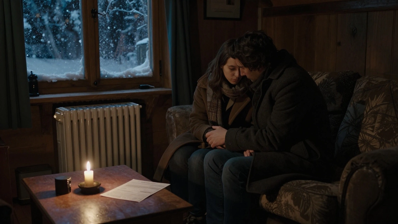 Couple in coats inside a cold cottage at night, lit only by candlelight.