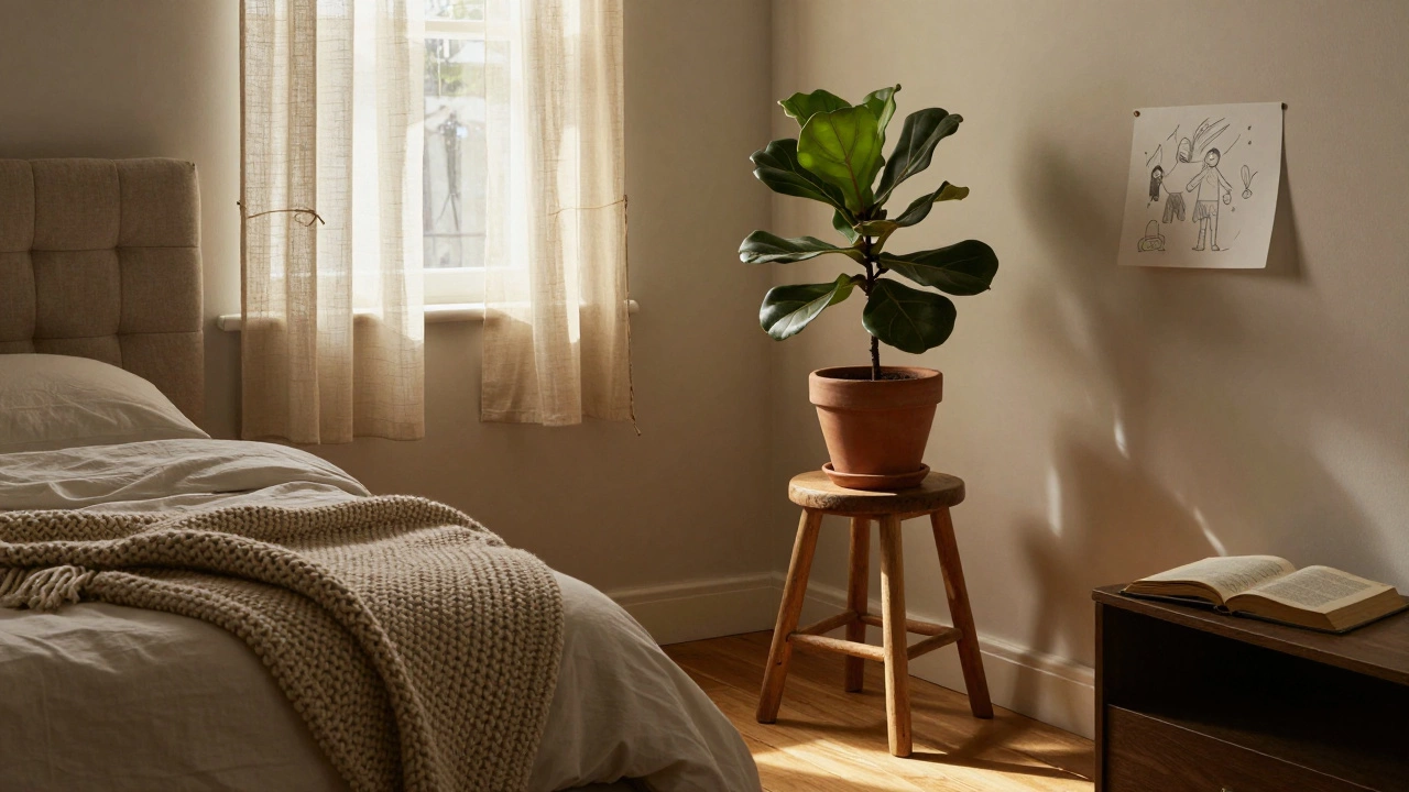 Cozy bedroom corner with tufted headboard, knit throw, clay plant pot, and soft afternoon light through sheer curtains.