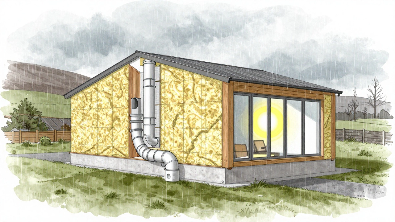 Cross-section of a passive house showing thick insulation and airtight construction in rainy Ireland.