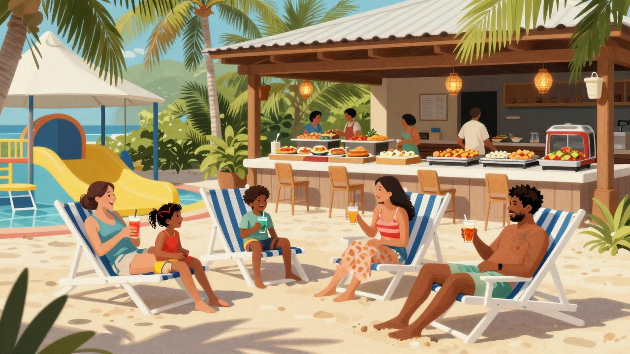 Family enjoying activities at an all-inclusive resort with children in a play area and parents by the beach.