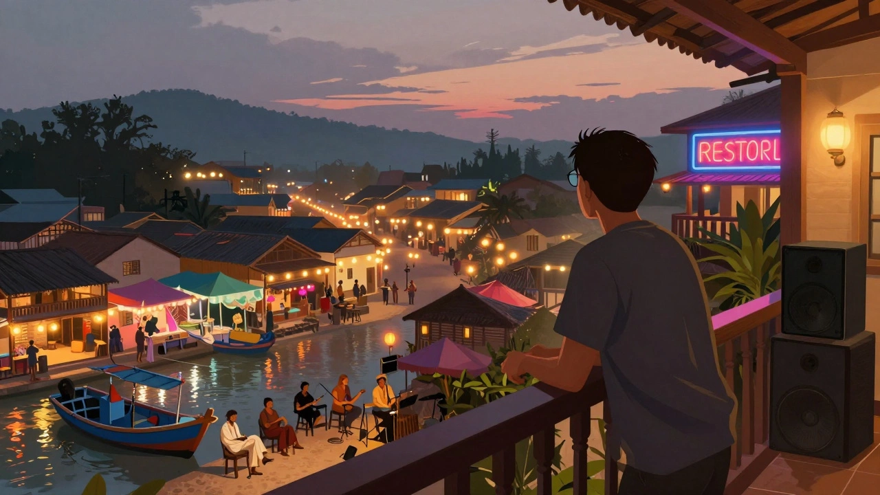 Guest gazing from resort balcony at distant village lights while artificial resort glow dominates foreground.